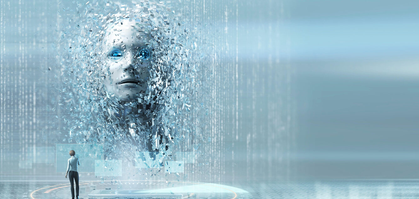 Artificial intelligence woman looking up at face