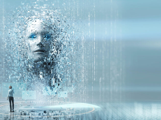 Artificial intelligence woman looking up at face